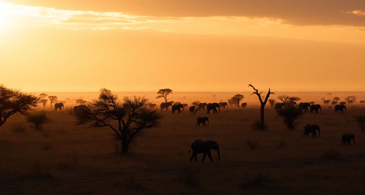 Elephant herd crossing the savanna at golden hour